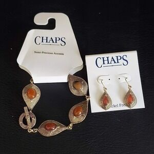 Chaps Textured Gold Tone Bracelet and Earrings Set with Semi-Precious Stones NWT